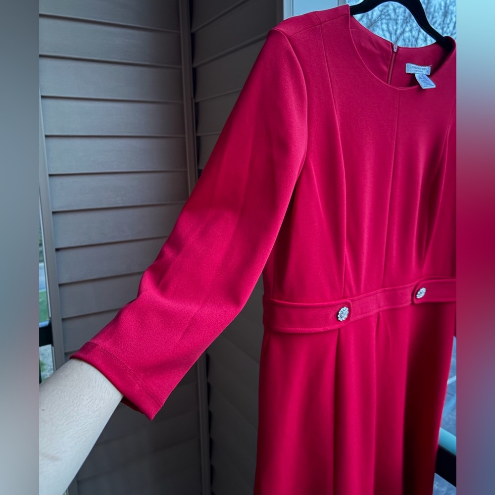 🆕 ✨London Times Red Midi Dress Petite 12P Rhinestone Elegant Office Silhouette - Picture 11 of 15